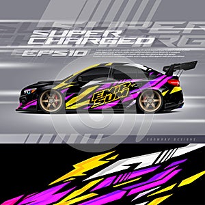 Racing car wrap design vector. Graphic abstract stripe racing background kit designs for wrap vehicle, race car, rally, adventure