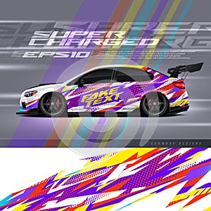 Racing car wrap design vector. Graphic abstract stripe racing background kit designs for wrap vehicle, race car, rally, adventure