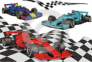 Racing cars on the background of the checkered flag