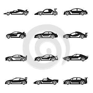 Racing cars bold black silhouette icons set isolated on white. Sport autos pictograms.