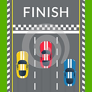 Racing cars crossing the finish line on the rally track. Top view. Car race banner. Vector illustration.