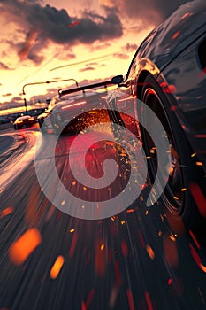 Racing cars hurtle down the track, chasing the setting sun, with wheels ablaze in sparks and light, in a perfect blend photo