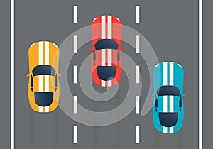 Racing cars on the rally track. Top view. Sport vehicles on the road. Vector illustration