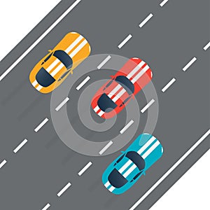 Racing cars on the rally track. Top view. Sport vehicles on the road. Vector illustration