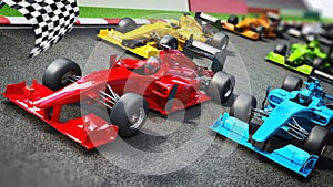 Racing cars on the track with waving checkered flag. 3D illustration