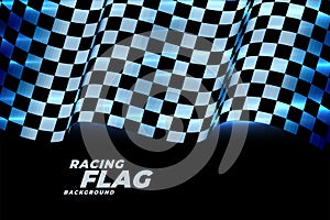 Racing checkered flag background in blue neon lights