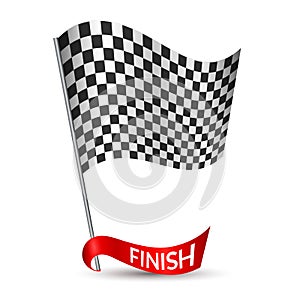 Racing checkered flag with red ribbon and inscription Finish on white background Vector