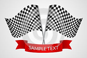 Racing checkered flags with a red ribbon on a light background Vector