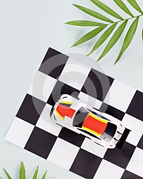 Racing competitions card with car rally flag and sport car