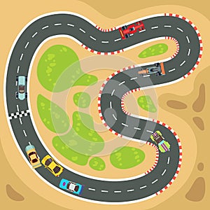 Racing computer and app game vector background with top view sport cars on race track