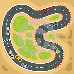 Racing computer and app game vector background with top view sport cars on race track photo