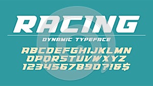 Racing display font design, alphabet, typeface, letters