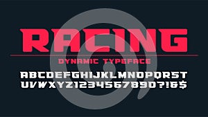 Racing display font design, alphabet, typeface, letters