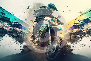 racing double exposure bike racing on dirt track with offroad vehicles