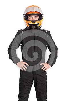 Racing driver with hemet isolated in white