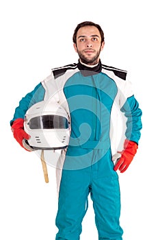 Racing driver with hemet isolated in white