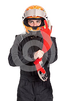 Racing driver isolated in white