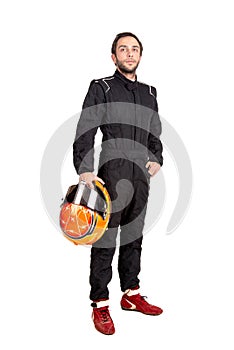 Racing driver isolated in white
