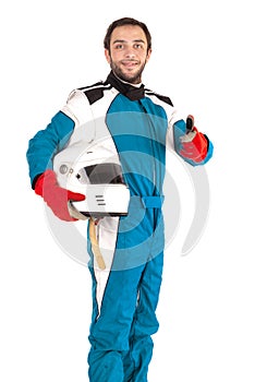 Racing driver isolated in white