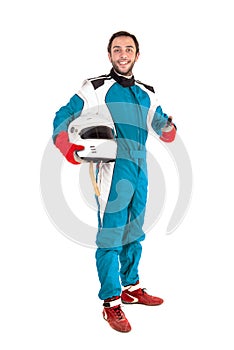 Racing driver isolated in white