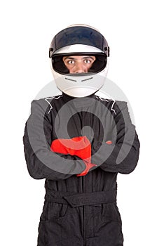 Racing driver isolated in white