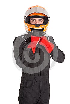 Racing driver isolated in white