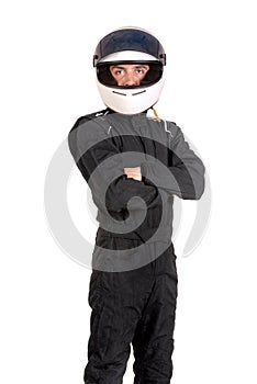 Racing driver isolated in white