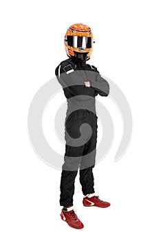 Racing driver isolated in white