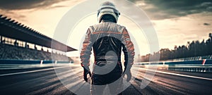 Racing driver is walking on the asphalt road. Generative AI