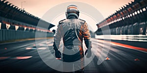 Racing driver is walking on the asphalt road. Generative AI