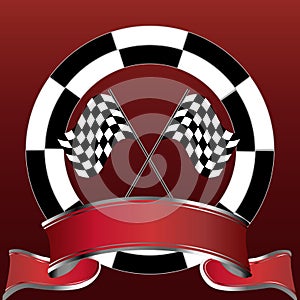 Racing emblem with checkered flags and red banner