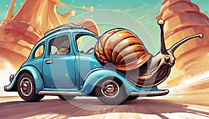 Racing Escargot: Giant Snail in High-Speed Pursuit of a Car - Dynamic Vector Illustration