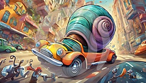 Racing Escargot: Giant Snail in High-Speed Pursuit of a Car - Dynamic Vector Illustration