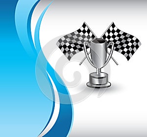 Racing flags and trophy on vertical blue wave