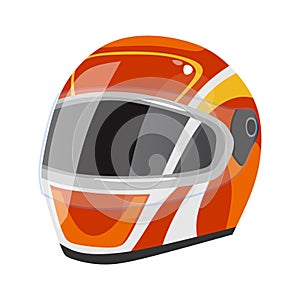 Racing helmet icon isolated on white background. Red sport safety helmet with white stripes in cartoon style. Vector illustration