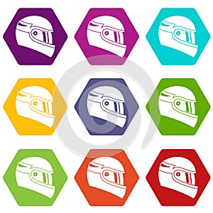 Racing helmet icon set color hexahedron