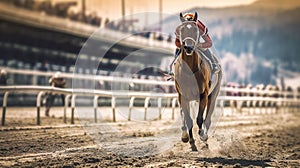 racing horse coming first to finish line in vintage style Generative AI