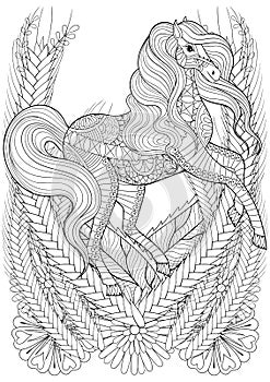 Racing horse in flowers adult anti stress coloring page. photo