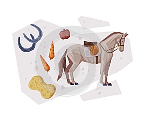 Racing Horse with Saddle, Equestrian Sport Equipment, Food, Grooming Tools Vector Illustration