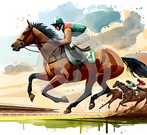 Racing horses. Jockeys on horses. Hippodrome. Racetrack. Equestrian sport. Derby. Horse sport. Watercolor painting