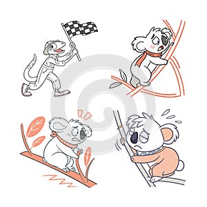 Racing Lizard and Cute Scared Koalas Cartoon Characters