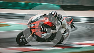 Racing motorbike rider in helmet and gear racing at high speed on race track with motion blur