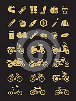 Racing motorcycle, bicycle, motorbike parts and transportation vector icons