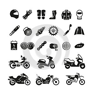 Racing motorcycle, motorbike parts and transportation vector icons