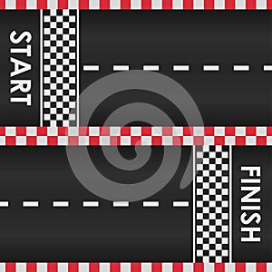 Racing road background with red checkered borders. Race track with start and finish line. Top view