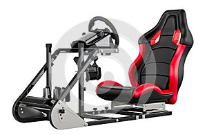 Racing Simulator Cockpit with gaming racing steering wheel and foot pedal. 3D rendering