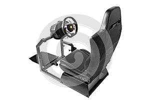 Racing simulator cockpit with seat and wheel