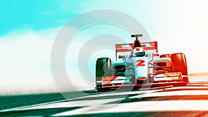 Racing sport banner with race car on sunny blue sky background with copy space