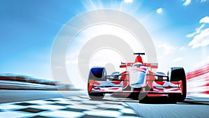 Racing sport banner with Red race car on sunny blue sky background with copy space