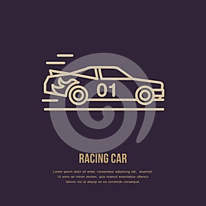 Racing sport car vector line icon. Speed automobile logo, driving lessons sign. Auto championship illustration